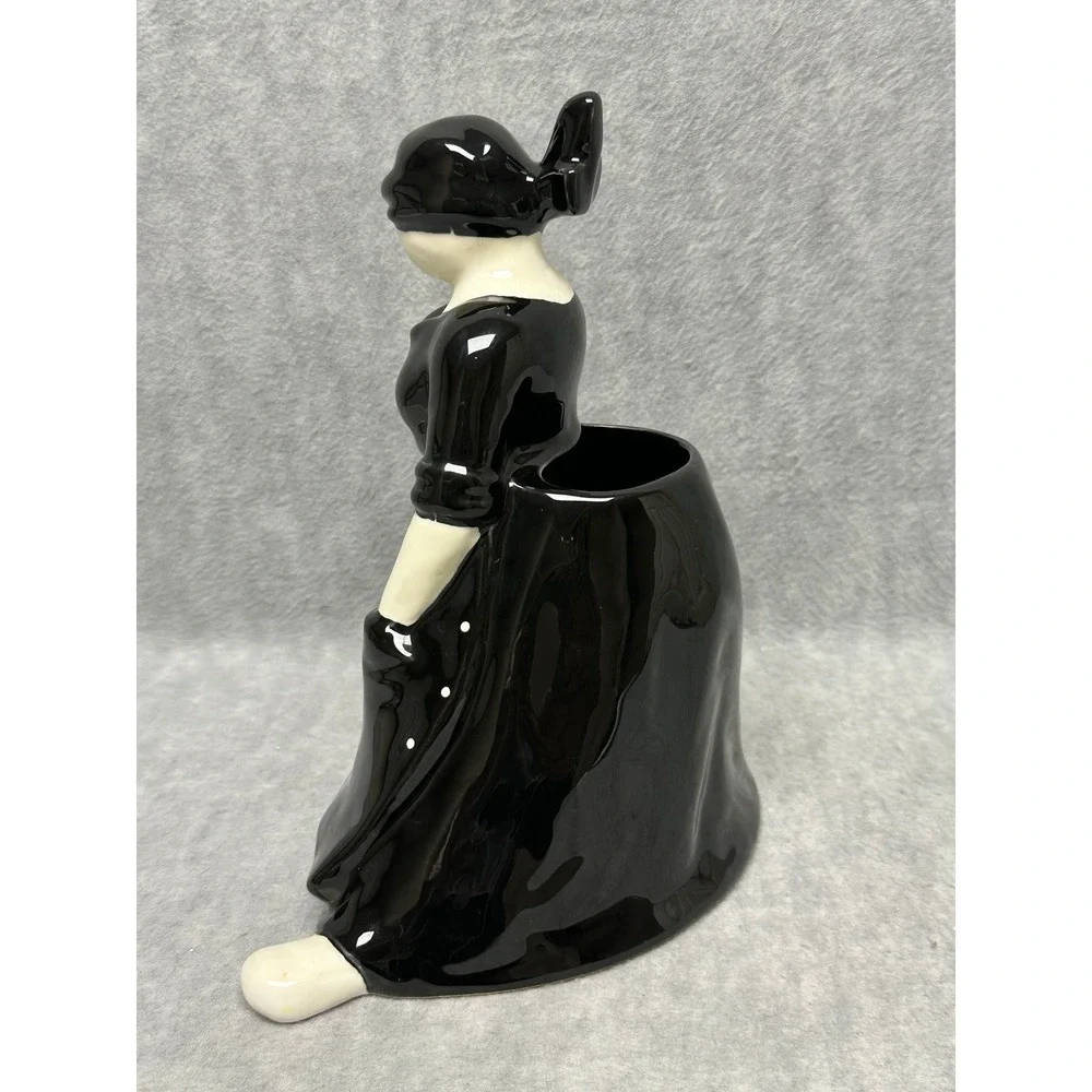 Vintage Dept 56 Peasant Girl Woman Ceramic Planter Black White Figurine